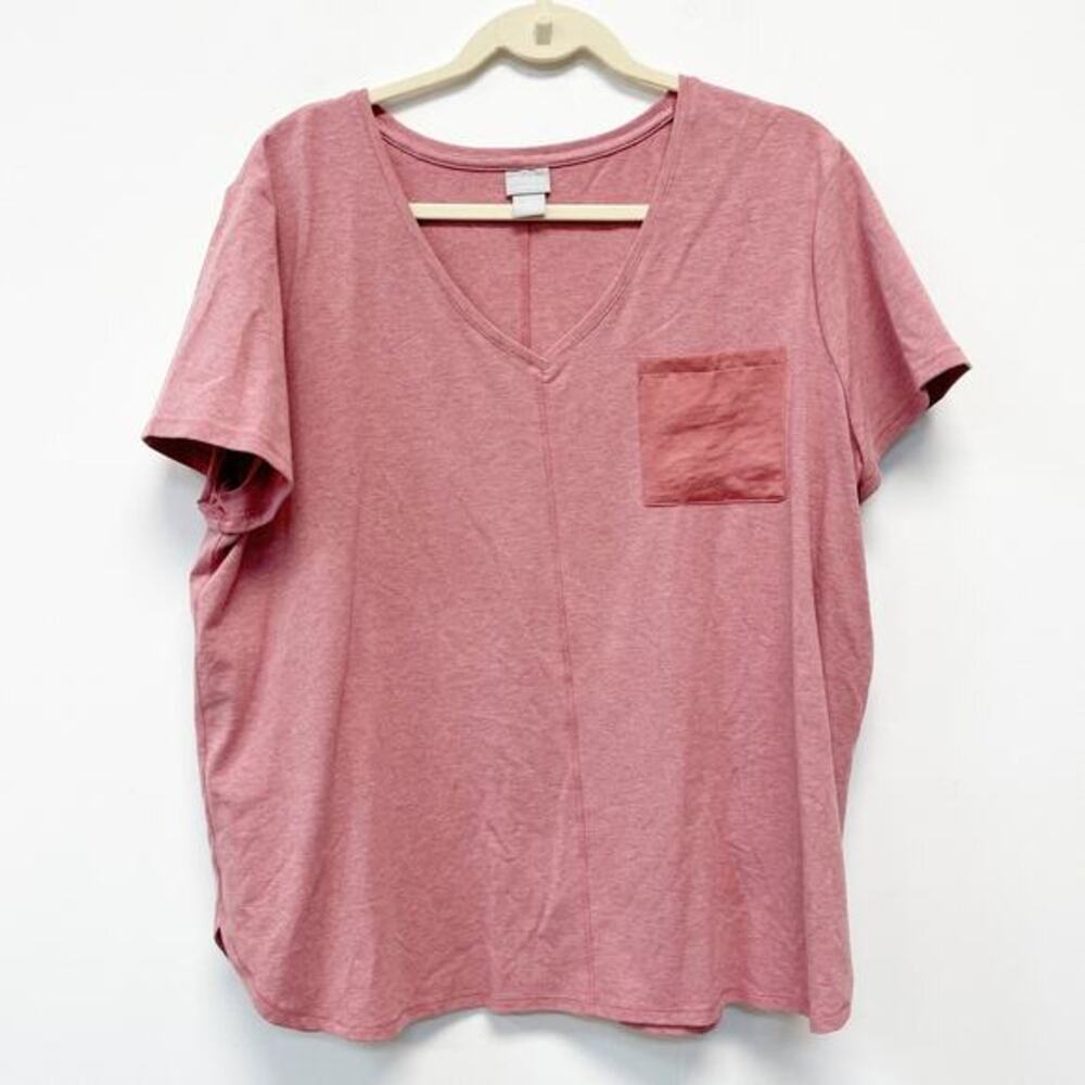 Chico's Zenergy Womens 3 Pink Satin V Neck Chest Pocket High Low Casual Shirt